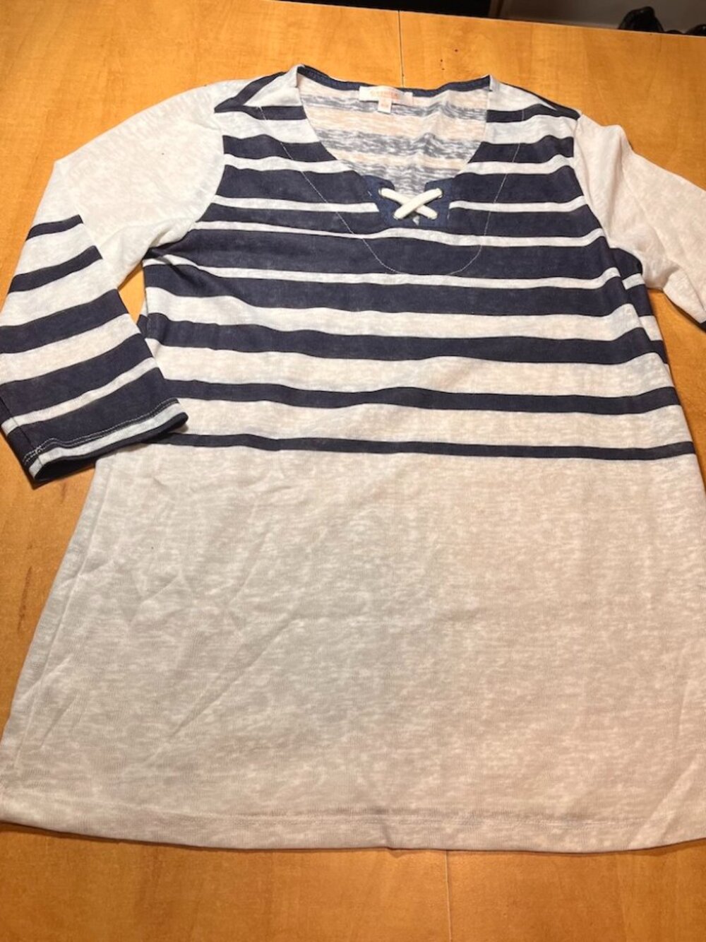 Striped Navy & White Long-Sleeve V-Neck Tee with Lace Accent